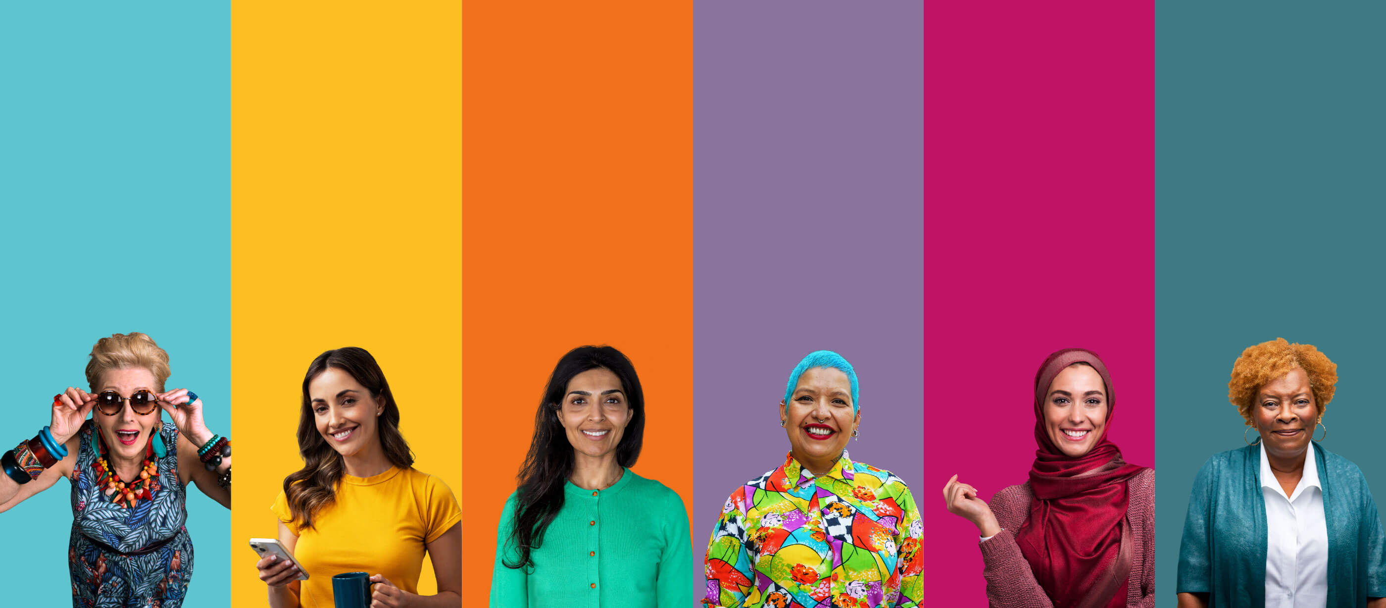 Women smiling on multicoloured background