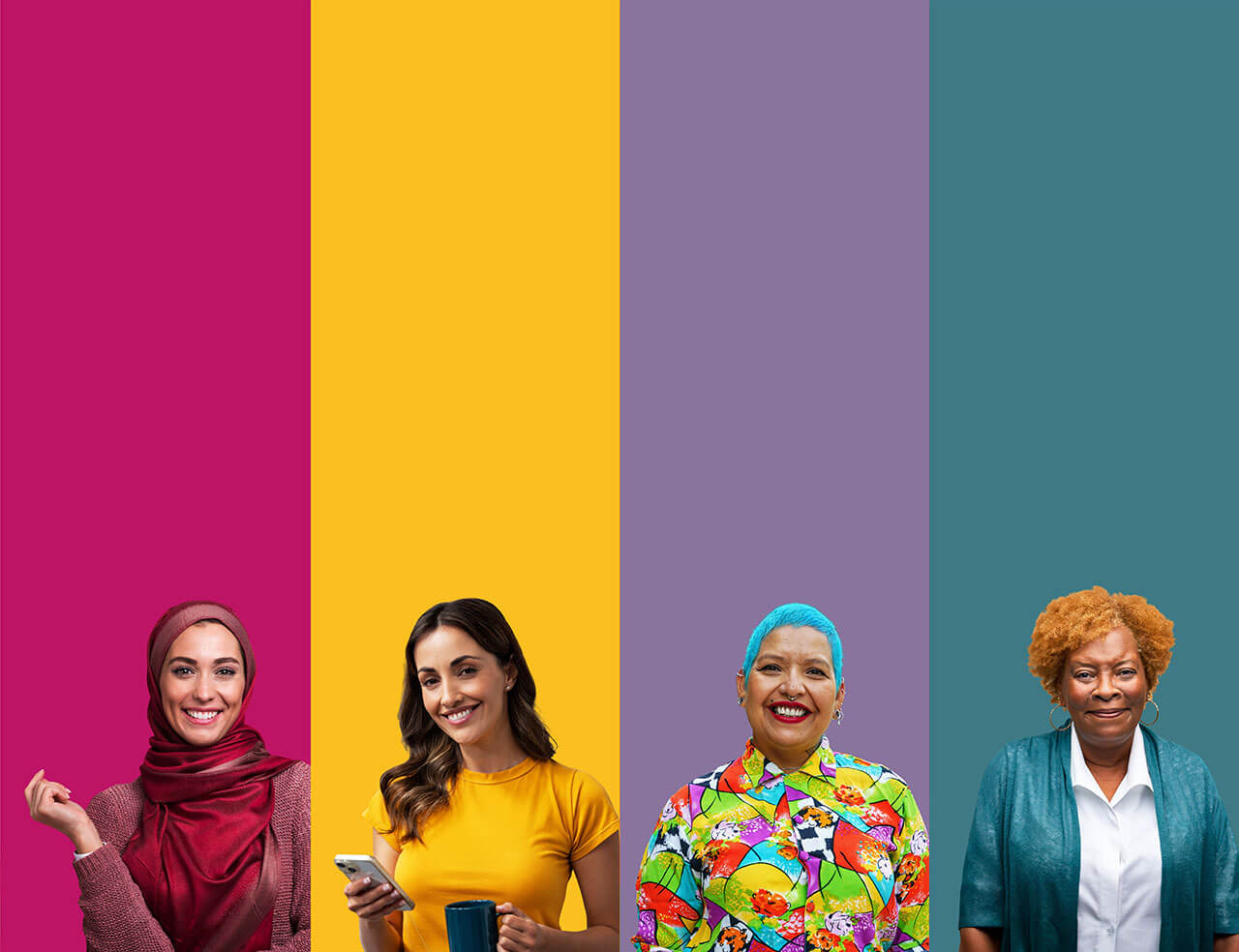 Women smiling on multicoloured background